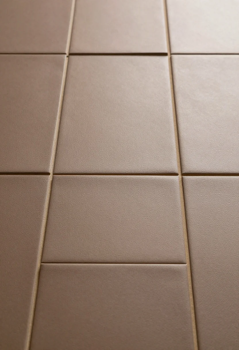 Detail closeup: Peel-and-stick faux-leather tiles in a checkerboard arrangement, matte espresso and saddle tones, subtly grained texture absorbing light; edges tight and even, with thin brass peel-and-stick trim creating a refined border; soft side lighting highlighting the plush, luxe surface and sound-absorbing quality; photorealistic.