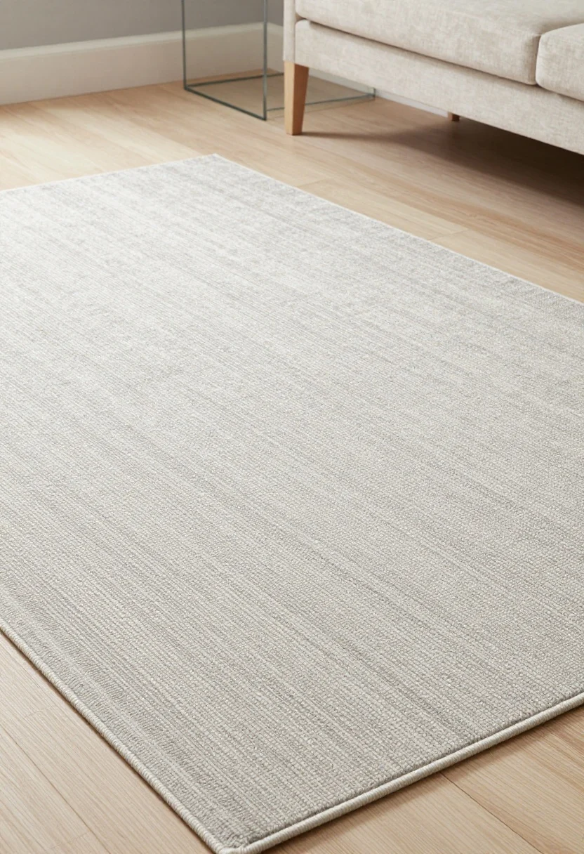 Detail closeup, photorealistic: A light, low-contrast rug in oatmeal/sand/fog gray that closely matches pale wood floors and soft gray walls, creating a continuous, airy visual plane. The shot captures a gentle micro-pattern or faded geometric/vintage motif in a low pile or flatweave wool, with soft natural light reflecting to keep the scene bright. Optional inclusion at frame edge: light, leggy furniture base or a glass/open-base table to maintain the weightless feel.