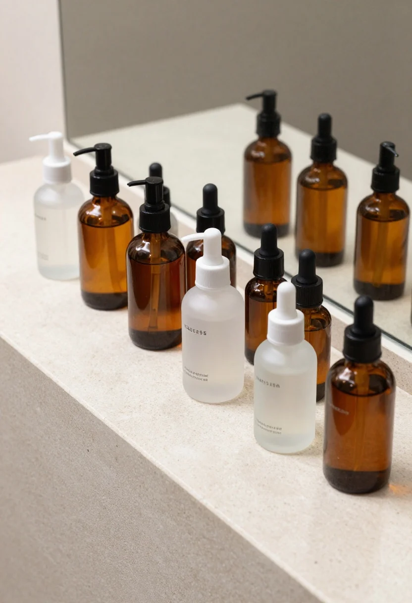 Detail overhead shot of a hotel-vanity look: a neat lineup of matching amber glass pumps (lotion, face wash) and frosted glass serum droppers, each with minimal waterproof labels in a clean sans-serif font, standing on a clean sealed stone counter; labels aligned, no mismatched packaging; cool, bright task lighting reflecting gently off glass; focus on the uniformity and tidy decanting system.