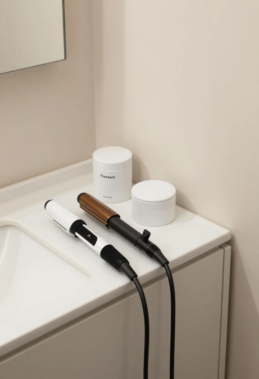 Detail shot focused on concealed clutter solutions: a heat-safe white ceramic utensil crock at the far end of the vanity holding a curling iron and flat iron with their cords neatly secured by black Velcro wraps; a lidded matte canister labeled “Flossers” and a small lidded box for hair ties nearby; hint of a hidden power strip inside the vanity cabinet door ajar in the background; neutral palette, soft ambient light, slight overhead perspective.