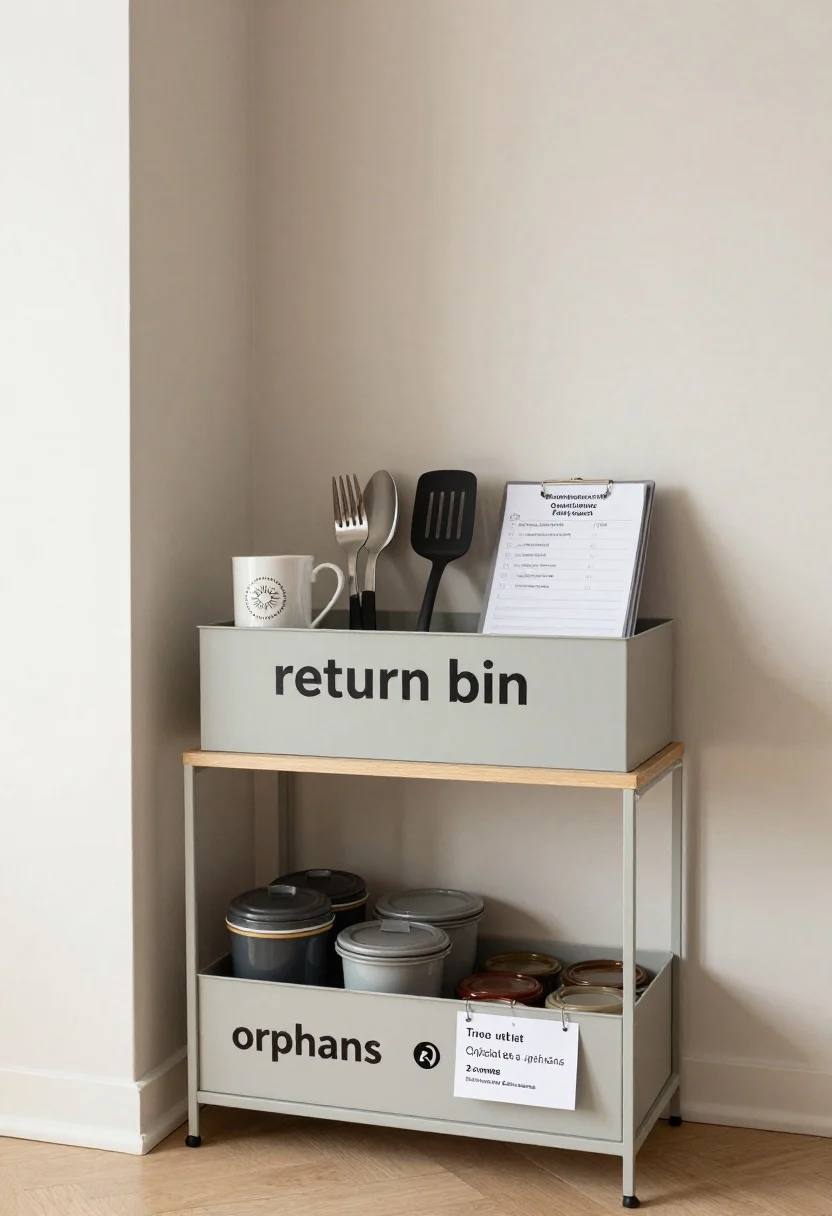 Detail vignette near the kitchen entrance illustrating maintenance habits: a labeled “return bin” on a small bench for loaners and extras, a slim donate box with duplicate mugs and spatulas, a visible checklist for a 30-minute quarterly pantry reset (expiry check, wipe shelves, re-label), and a small caddy collecting lidless containers tagged as “orphans” with a two-week deadline note. Calm, decluttered scene in neutral tones, soft afternoon light.