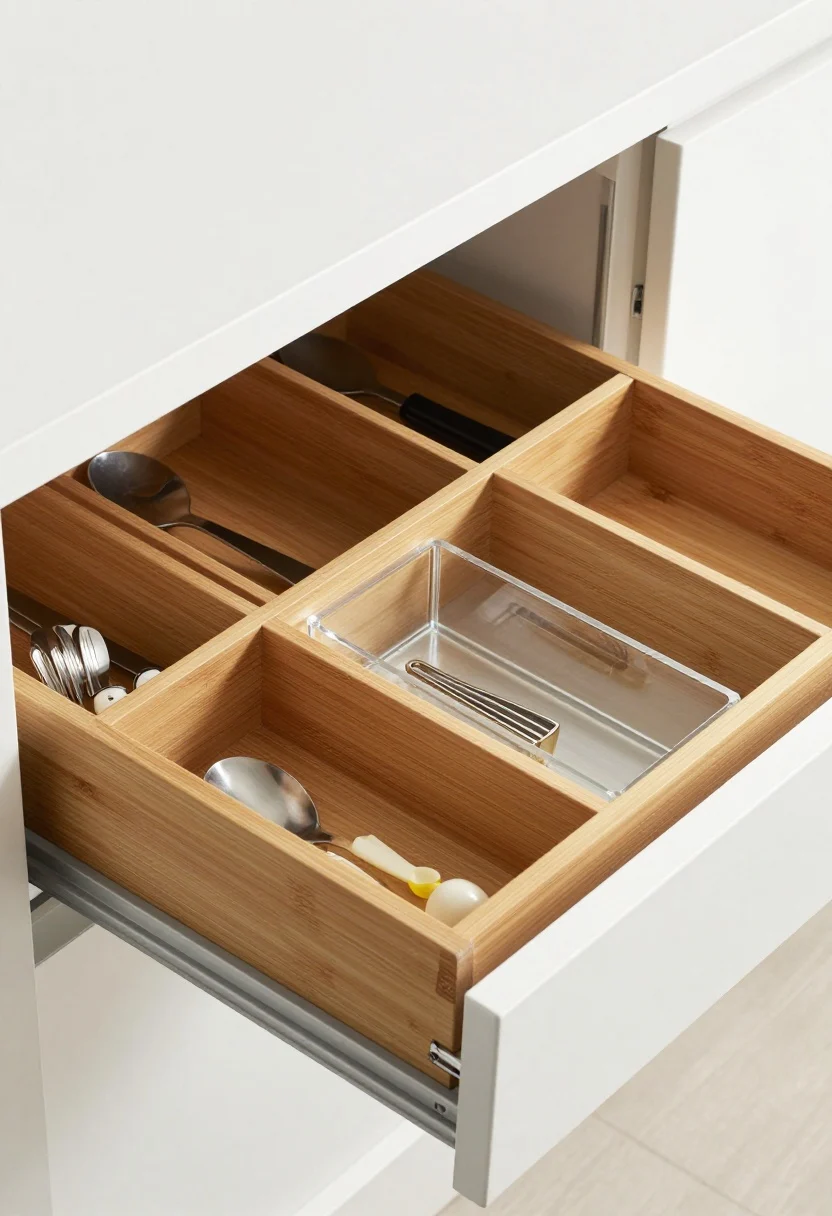 Detailed overhead closeup of an open utensil drawer with custom-fit organization: expandable bamboo dividers snugly separating cutlery and tools, an in-drawer knife dock cradling blades, shallow acrylic bins corralling bag clips, peelers, and wine stoppers—one category per bin—set on a gray non-slip drawer liner. Minimal, edited tool collection; crisp, diffused top lighting highlighting textures of bamboo and acrylic.
