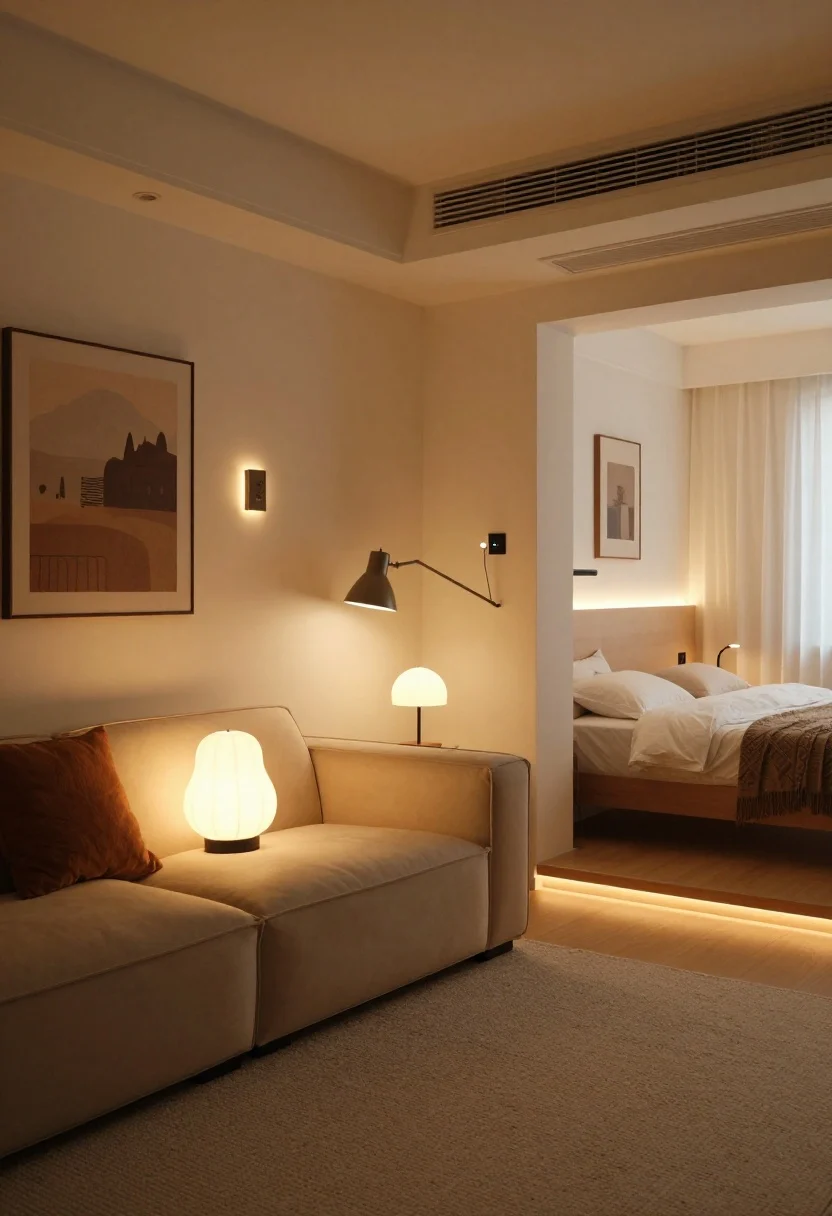 Evening wide shot showing layered lighting to script zones: ambient floor lamp washing the living room wall warm, plug-in sconces flanking art for soft glow, task lighting via a swing-arm lamp at the sofa and a bedside table lamp in the sleep nook, plus subtle LED strip accent under a wall shelf; separate smart-plug control implied by the bedroom lamp dimmed while living area remains lit; cohesive palette, cozy atmosphere, no overhead glare.