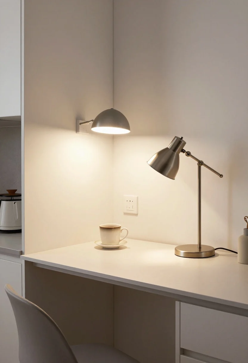 Kitchen/desk/bedside composite medium shot: Chic task lighting zones without overheads—an adjustable metal desk lamp with a swivel head casting a focused 3000–3500K beam onto a workspace; under-cabinet puck lights illuminating a kitchen counter for chopping and coffee-making; a bedside lamp with a pull chain on a nightstand. Opaque/metal shades to direct light downward, each zone on separate smart plugs, warm general room tone with brighter task spots.