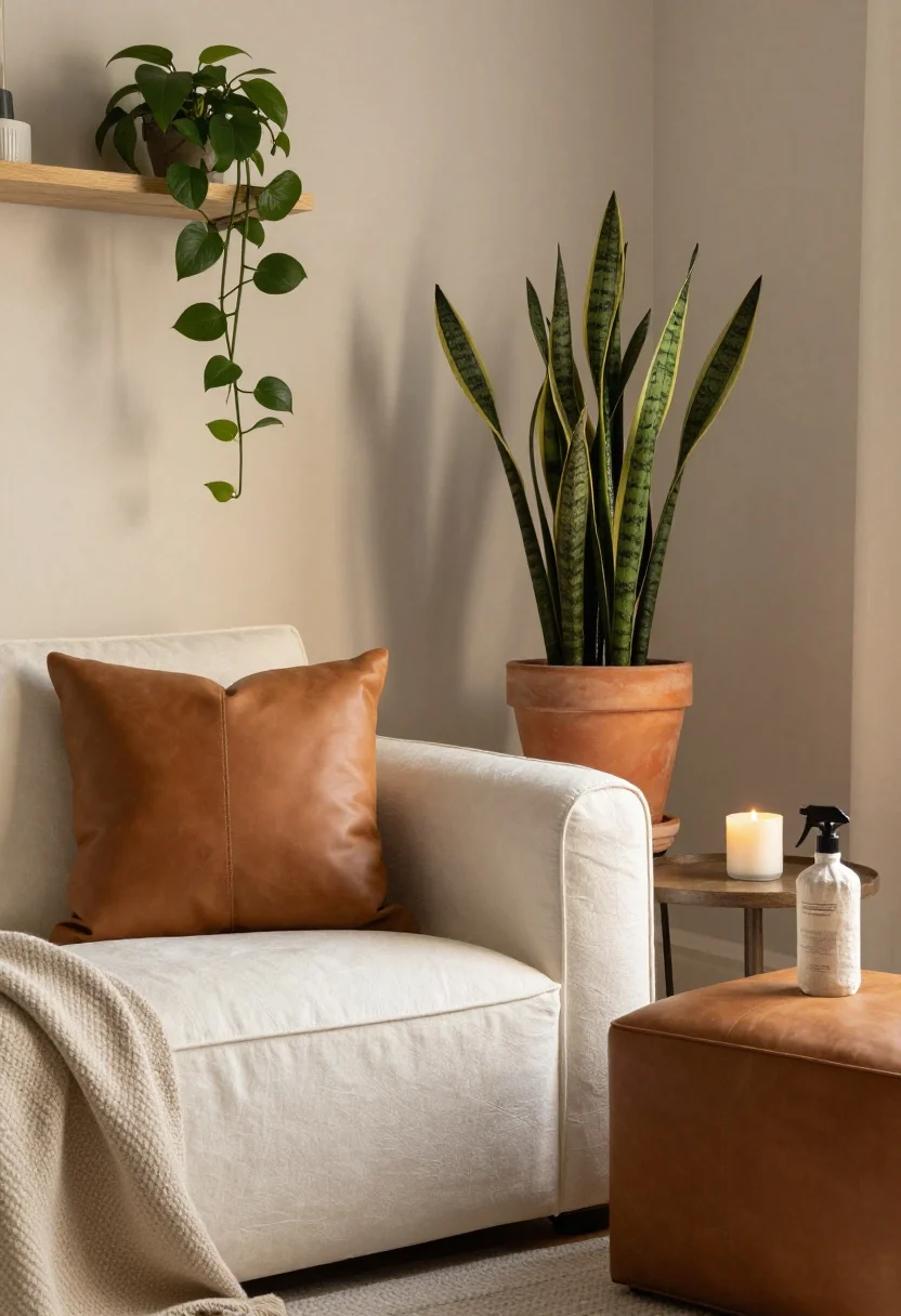 Medium closeup of a cozy vignette warming neutrals with greenery: warm white bedding or sofa with creamy undertone, a camel leather pillow and a small cognac ottoman nearby, a terracotta pot as the hero holding an olive tree or snake plant; additional trailing pothos on a shelf; beeswax candle, wool throw folded over the arm, and a linen room spray bottle on a side table; soft, golden-hour ambient light for a welcoming glow; straight-on detail framing, photorealistic.