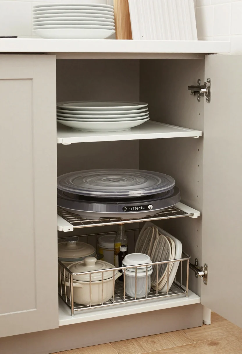 Medium corner angle inside base cabinets showcasing the “trifecta”: white coated-steel shelf risers doubling levels for plates and bowls, a clear turntable (lazy Susan) with oils and sauces for a quick spin, and a lower pull-out wire basket gliding out with neatly stacked pots, small appliances, and container lids. An adjustable vertical rack files cutting boards upright. Neutral cabinetry, wipe-clean materials, bright under-cabinet task lighting.