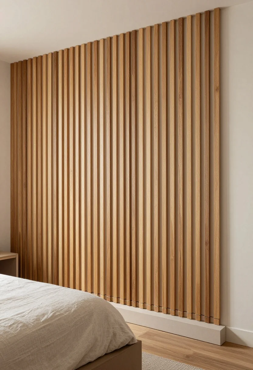 Medium shot: A bedroom feature wall behind a low platform bed with adhesive-backed vertical wood slat panels running floor-to-ceiling; warm oak tone slats spaced evenly using slim spacers, ending on a clean edge with a peel-and-stick trim strip; soft morning light grazing the slats to emphasize rhythm; neutral linen bedding and a minimal nightstand, Scandi calm, photorealistic.