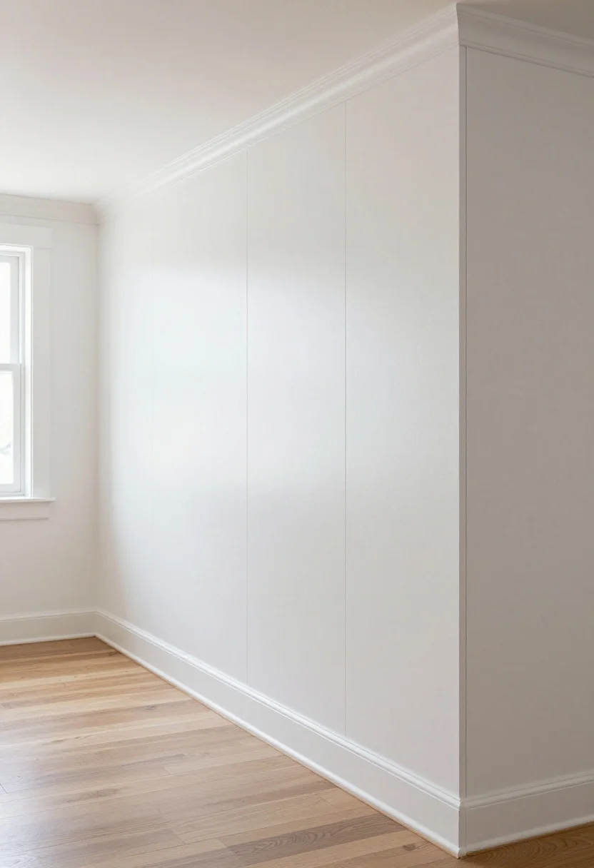 Medium shot: A hallway with renter-safe “beadboard” made from vertical scored foam/PVC panels capped at 40 inches high for classic proportion; seams filled with color-matched caulk for a one-piece finish; topped with peel-and-stick cap molding and matching base molding; painted semi-gloss white for wipeable authenticity; straight-on view with bright, clean lighting, photorealistic.