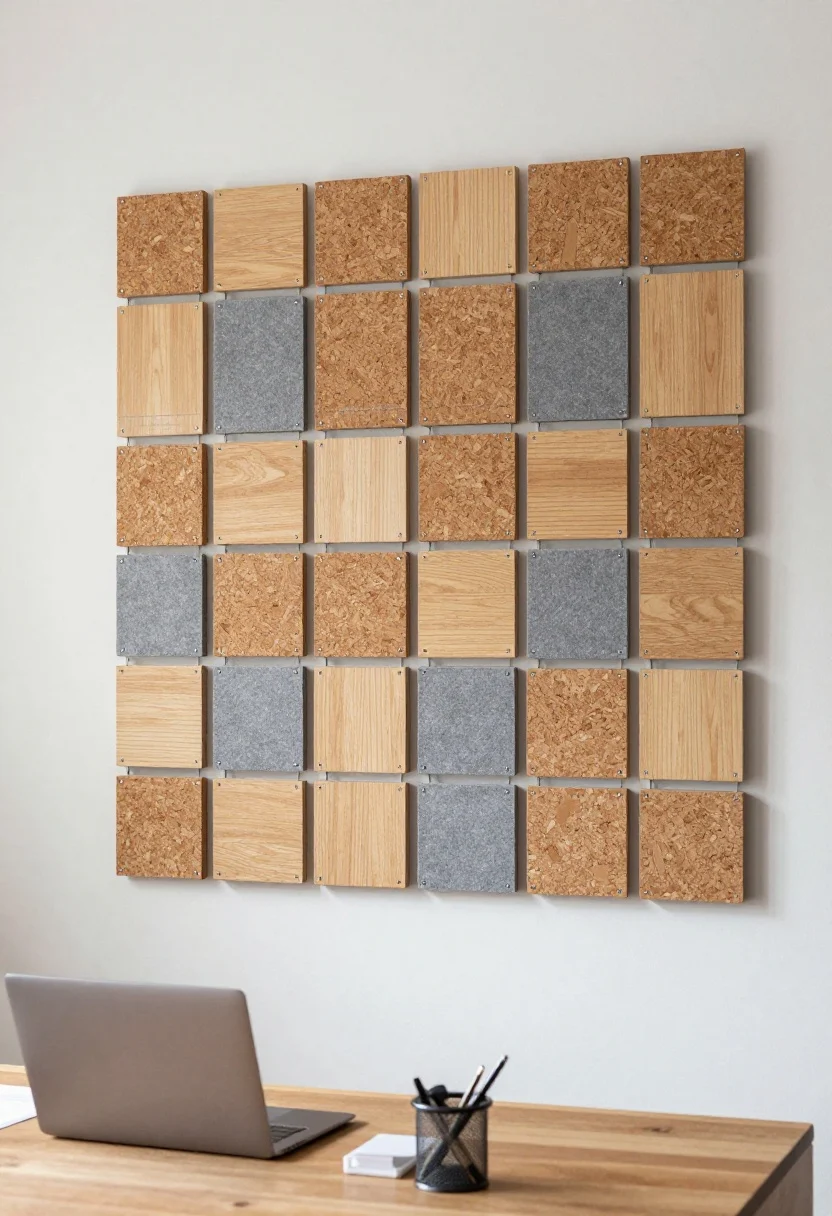 Medium shot: A home office wall covered in removable magnetic receptive wallpaper with a grid of metal-backed modular panels (12x12) arranged symmetrically—mix of cork, gray felt, and thin wood veneer squares; edges align crisply, each piece labeled faintly on the back; desk below with tidy supplies; soft, indirect daylight, nerdy-cool and practical, photorealistic.