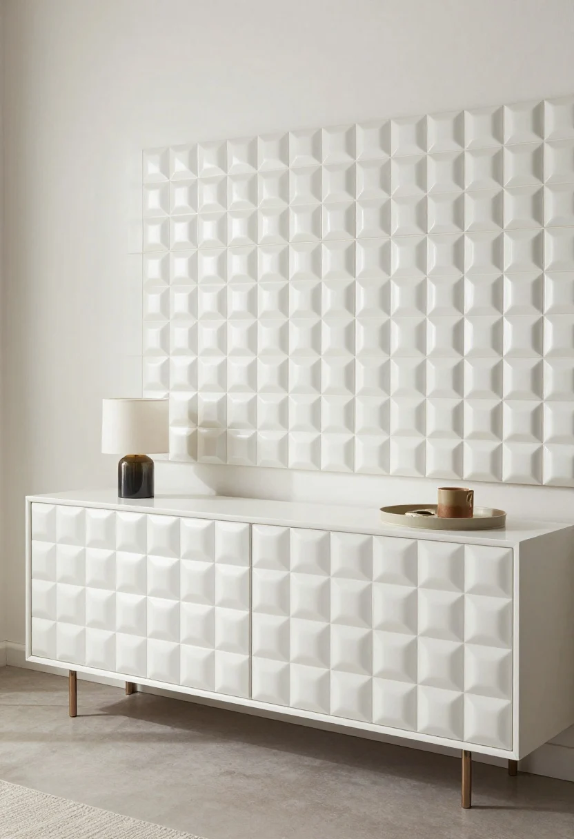 Medium shot: A living room console wall clad in removable 3D peel-and-stick tiles—geometric cube pattern in matte white PVC—with seams staggered and edges finished in skinny peel-and-stick trim; a small tray and lamp on the console for scale; even, bright ambient light with slight shadows to accentuate relief; sophisticated tonal palette, photorealistic.