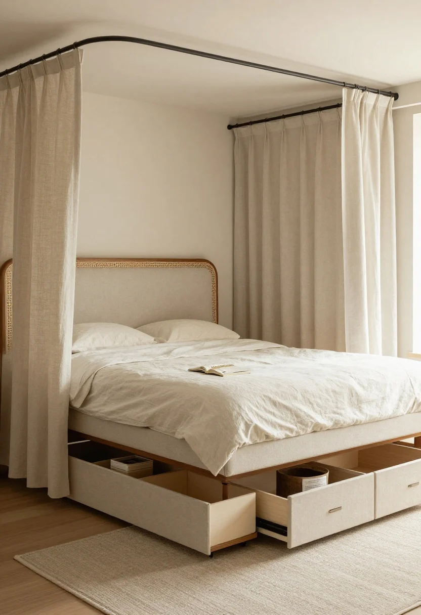 Medium shot focused on a lifted bed solution: a queen platform bed with built-in drawers neatly closed, tailored bed skirt concealing storage bins, an upholstered headboard and linen bedding reading “bedroom,” placed just behind a light linen curtain divider; optional lofted vibe suggested by higher ceiling and open space beneath a raised frame; warm, diffuse lighting, subtle caned texture on the headboard, rolling bins hinted at; mood is tidy, functional, calm.