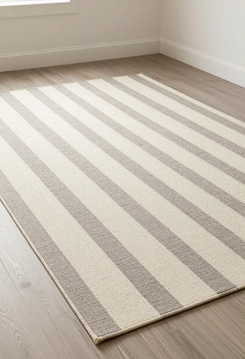 Medium shot from a corner angle, photorealistic: A living room featuring a flatwoven rug with low-contrast stripes (cream and taupe/gray and ivory). The stripes are oriented to visually widen a short room—running parallel to the shorter wall. The subtle, chunky flatweave texture is visible, preventing bulk so furniture doesn’t appear to sink. Soft, even natural light enhances the calm, expansive feel; the palette stays muted and chic.