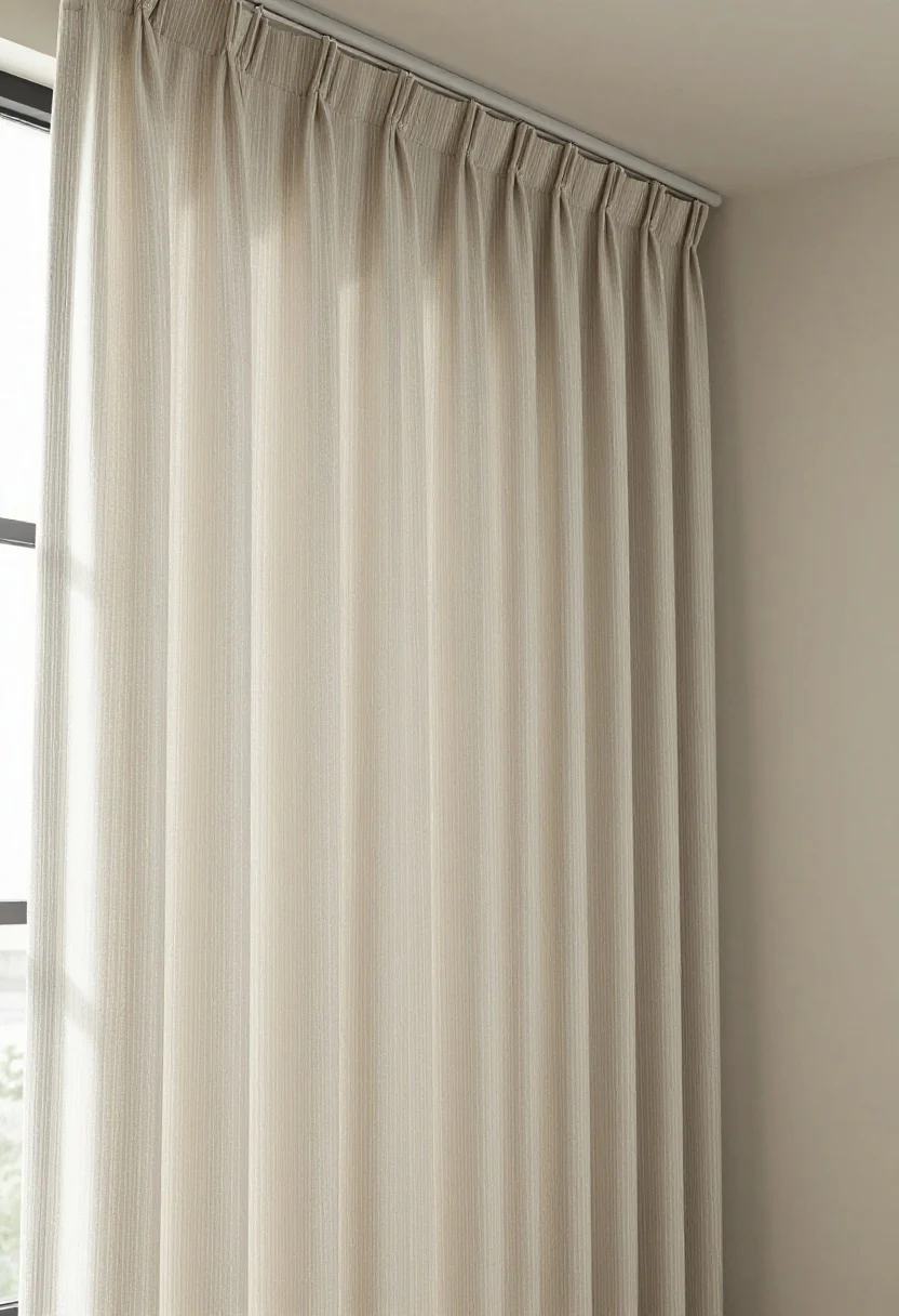 Medium shot from a slight corner angle focusing on floor-to-ceiling curtains with subtle vertical energy: tonal camel-on-cream thin stripes in a linen-blend fabric, finished with neat Euro pinch pleats at the top to create refined vertical folds; hung on a simple, slim rod with small clip-on rings and pleat hooks to fake a custom look; a single dramatic panel drawn to one side of the window to elongate the wall; avoid grommets and horizontal patterns; soft morning light rakes across the fabric to highlight the up-and-down texture; calm neutral palette with hints of gray and ivory, photorealistic and tailored.