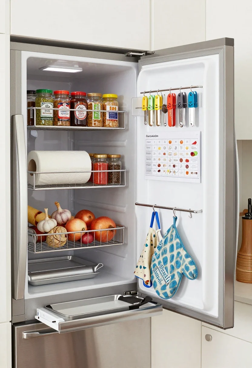 Medium shot highlighting dead-space solutions: the side of a stainless fridge fitted with magnetic shelves holding spice jars, a roll of paper towels, and a small wire basket with onions and garlic; inside a nearby cabinet door, a slim rack for wraps and foils with spice clips and a measuring spoon rail, plus a printed kitchen conversion chart; at the pantry back wall, command hooks with aprons, oven mitts, and reusable bags. Optional toe-kick drawer partially open with sheet pans. Bright, practical lighting, matte metal finishes.