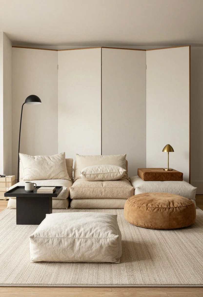 Medium shot, modular floor seating arrangement that feels grown-up: a plush, layered rug over a supportive rug pad creates a low platform; oversized floor cushions with foam cores and down-wraps in a restrained 2–3 color palette (cream linen, mushroom bouclé, and soft suede in camel); stackable poufs and a bolster doubling as footrests; a large tray on a low ottoman forming a stable drink zone with a ceramic mug and book; layered lighting with a sleek black floor lamp and a petite brass table lamp on a low crate; a folding screen behind the setup to give the arrangement a “back,” keeping the vibe intentional and elevated.