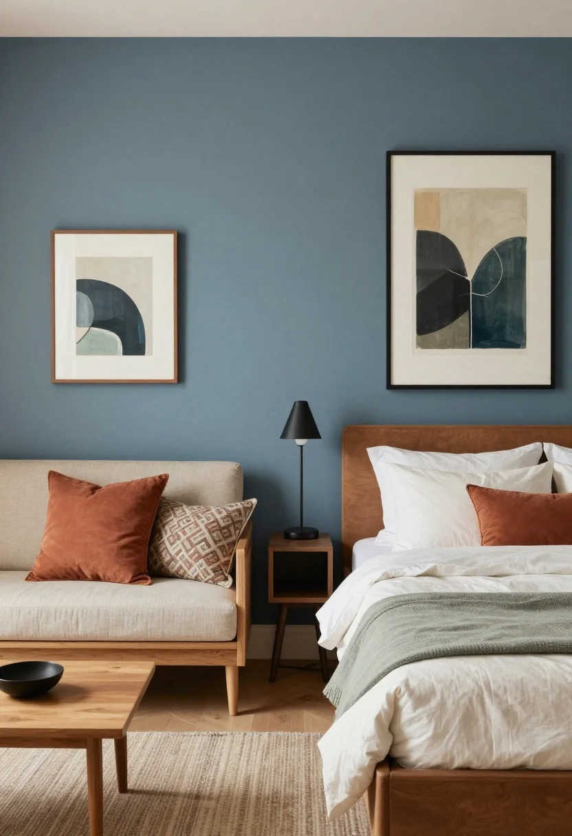 Medium shot of a color-coded studio vignette: calm bedroom palette with creamy linens, sage and dusty blue accents, warm wood nightstand; adjacent living zone shows terra-cotta pillows, a patterned throw, and one bold art moment; link both areas with repeating matte black details (lamp base, frames) for cohesion; a removable wallpaper feature wall or large diptych behind the bed for a single strong statement; soft natural light, balanced 60/30/10 feel.