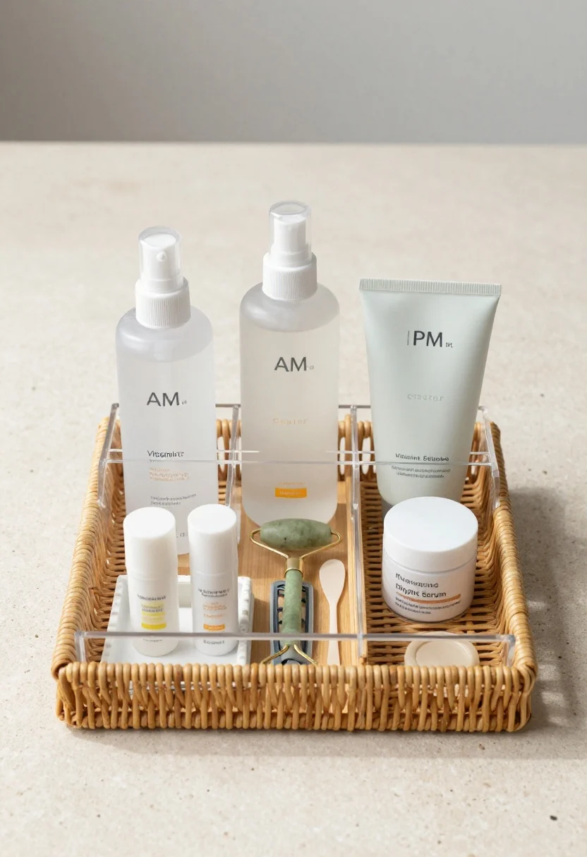 Medium shot of a daily-use capsule kit on a small tray: a low clear acrylic caddy neatly dividing AM and PM essentials—AM side with cleanser, toner mist, vitamin C, moisturizer, SPF, lip balm; PM side with cleanser, retinoid, night serum, richer cream, eye cream; a jade roller, tiny spatula, and two hair clips tucked in a narrow section; placed on a rattan or bamboo utensil tray atop a light stone counter; bright morning light, front-facing view emphasizing reach-and-go simplicity.