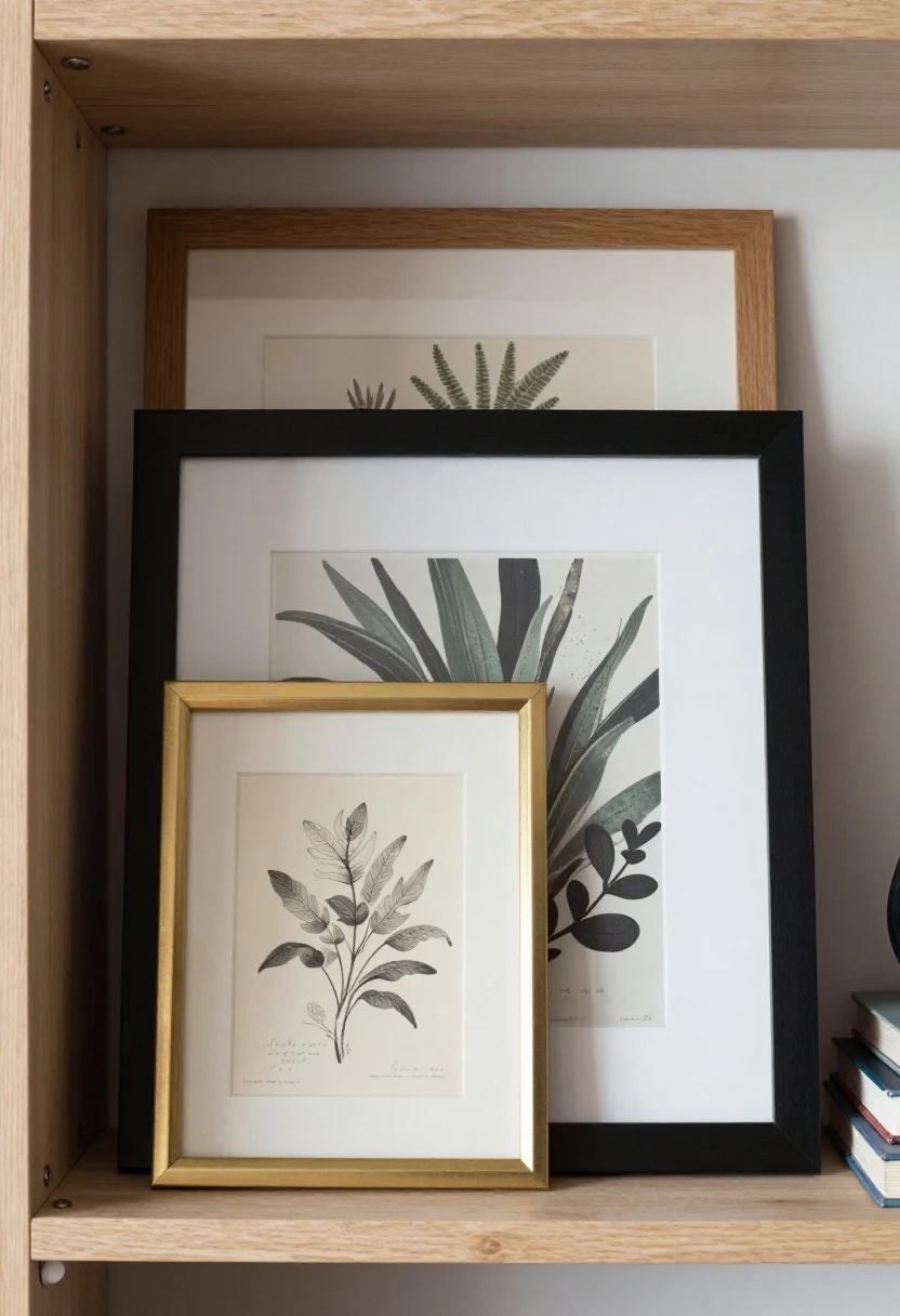 Medium shot of a mini gallery created with leaned art on two shelves: start with one larger frame in the back (oak), overlap with a mid-size piece (black frame) offset at a corner, finish with a small brass-framed postcard drawing in front; subtle mix of frame finishes (black, oak, brass) and a cohesive art theme (abstract botanicals); add depth with a small stack of books as a riser; soft, indirect daylight; straight-on composition emphasizing layered overlaps.
