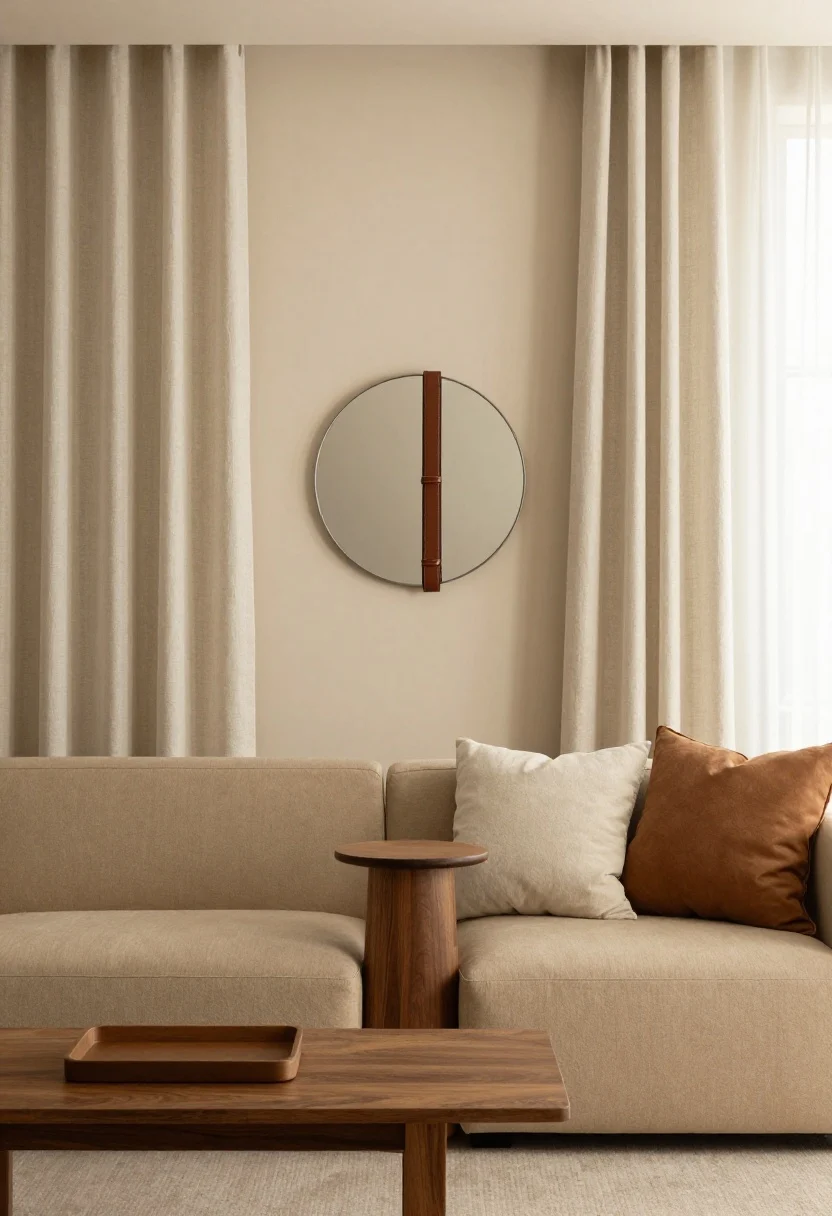 Medium shot of a small living room corner styled tonally: walls in warm beige as the anchor shade, ivory linen curtains and throw as the lighter support, and deeper cognac leather accents—a tray on the coffee table and a leather strap on a round wall mirror—repeated twice; walnut side table introduces the deeper tone; off-white trim slightly lighter than the walls for micro-contrast; neutral sofa in sand, camel-toned pillow; gentle afternoon natural light, calm and curated mood; straight-on view, photorealistic.