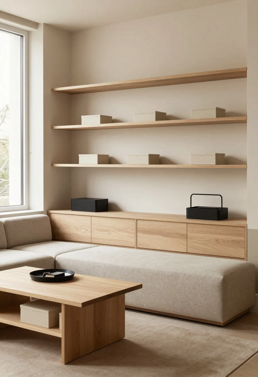 Medium shot of a streamlined living nook showcasing multipurpose minimalism: an upholstered storage bench under a window, nesting coffee tables pulled partially apart, and a media console with closed doors; finishes unified—matching wood tones and a few repeated black accents (frame, lamp base) to avoid randomness; lidded neutral boxes and trays corralling small items; intentional negative space on shelves; warm neutral palette with soft daylight; straight-on view, calm and orderly, photorealistic.