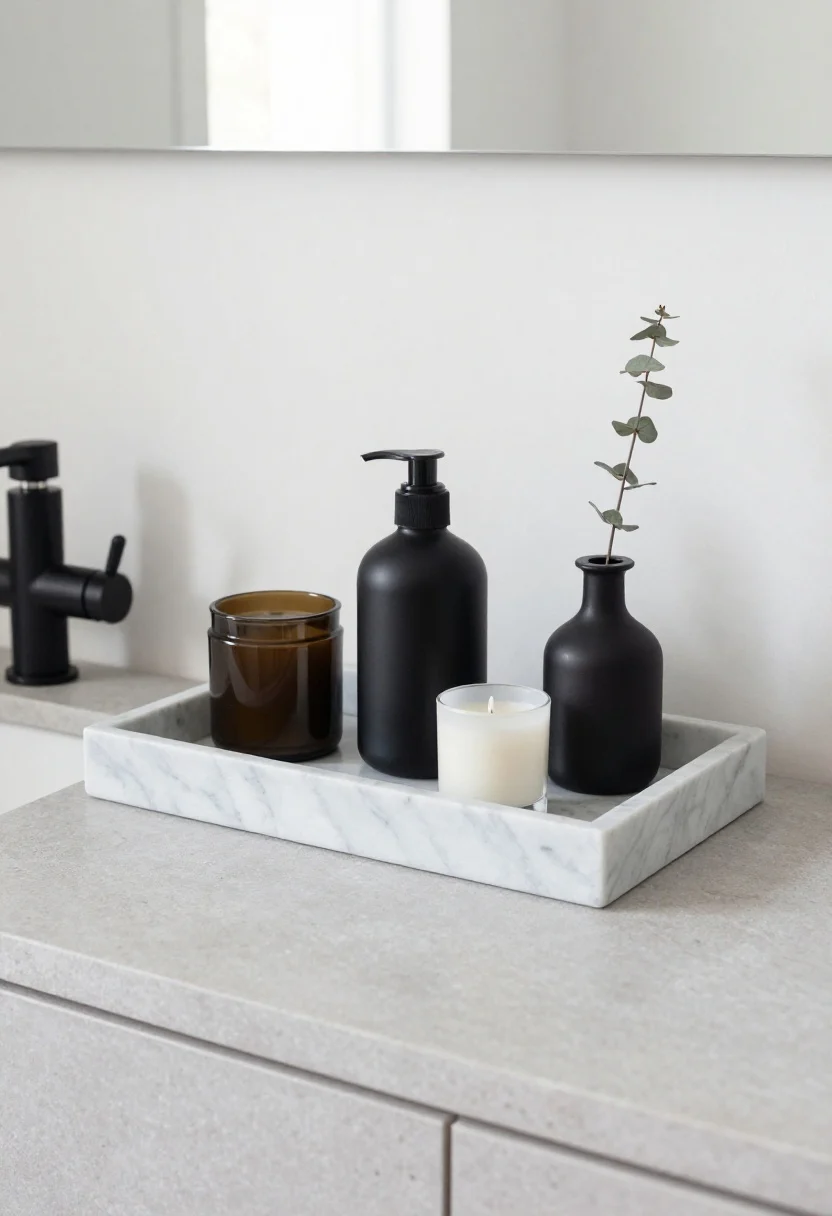 Medium shot of a vanity corner featuring a statement tray as visual anchor: a rectangular white marble tray (under 12 inches wide) on a light gray stone counter, holding 3–5 items—one matte black pump bottle, a short glass jar, a small candle, and a tiny vase with a single stem—arranged by varied heights with ample negative space; matte black faucet in view to complement modern accents; soft diffused daylight, three-quarter angle showing how the tray corrals items without overwhelming a small vanity.