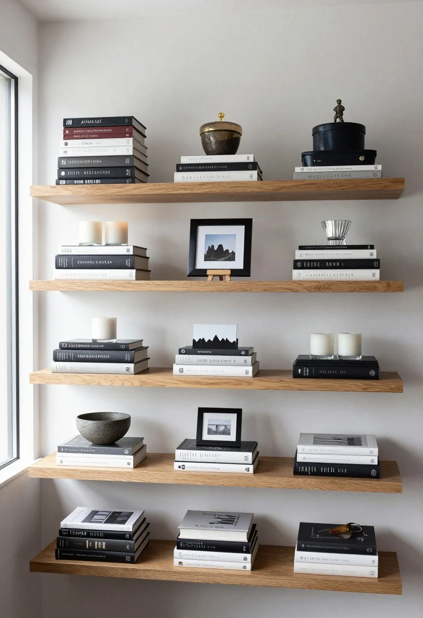 Medium shot of staggered wall shelves demonstrating height building: horizontal stacks of coffee table books used as pedestals for candles and a small bowl, a mini easel holding a framed photo, nested lacquer boxes stacked with a tiny sculpture on top; arrange a simple skyline (tall left, mid right, short center) across two shelves; satin black frames, clear glass accents, raw wood shelves; gentle window light from the left; slight corner angle to show peaks and valleys.