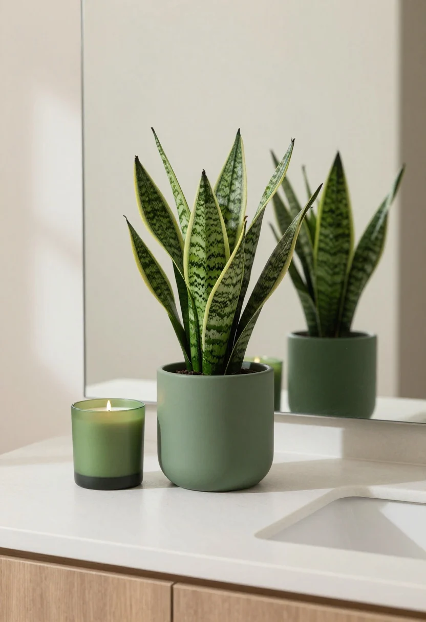 Medium shot of styled simplicity with green touch and one signature scent: a single small snake plant in a matte pot whose color echoes the tray or faucet finish, paired with one candle in a complementary vessel (no competing decor); placed to keep mirror sightlines clear; minimal additional items, calm arrangement; soft natural light with gentle shadows for a spa-like mood; straight-on framing capturing the plant’s texture and the candle as the singular scent anchor.