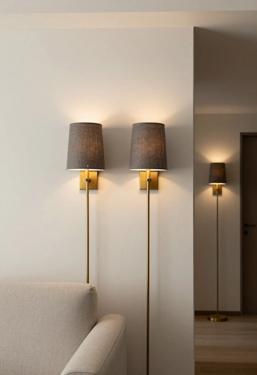 Medium straight-on view: A pair of plug-in wall sconces with frosted fabric shades flanking a sofa and console, cords neatly dropping to outlets, mounted at 60–66 inches for flattering face-level light. Include a battery-powered/magnetic rechargeable puck light visible inside one sconce shade (subtle hint through fabric), warm low-intensity glow, matte brass hardware, soft neutral wall, hallway glimpse in background with a third sconce providing gentle wayfinding, no ceiling lights.