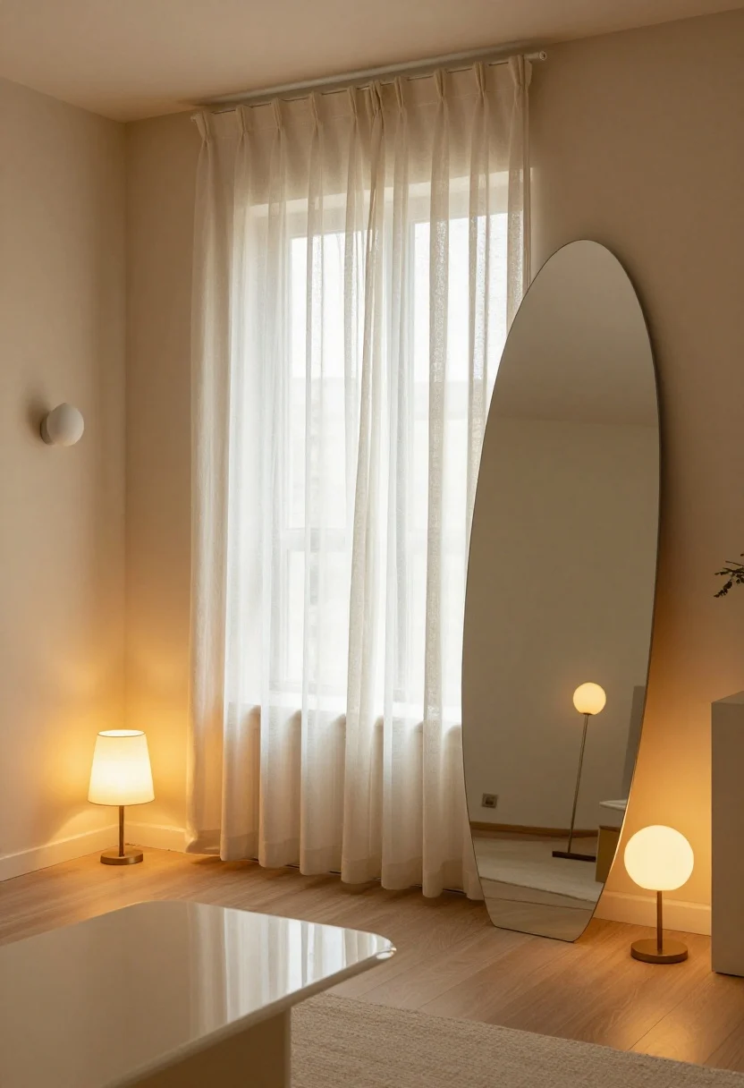 Medium-wide shot emphasizing light play: small apartment living room with ivory sheer linen window treatments flooding the space with daylight; matte warm beige wall finish contrasted by a subtly glossy side table reflecting light without glare; layered glow zones visible—wall sconces, a slender floor lamp, and a small table lamp with 2700–3000K warm LED bulbs ready for evening; a large neutral-toned oval mirror placed across from the window to double light; soft, warm ambiance; straight-on composition, photorealistic.