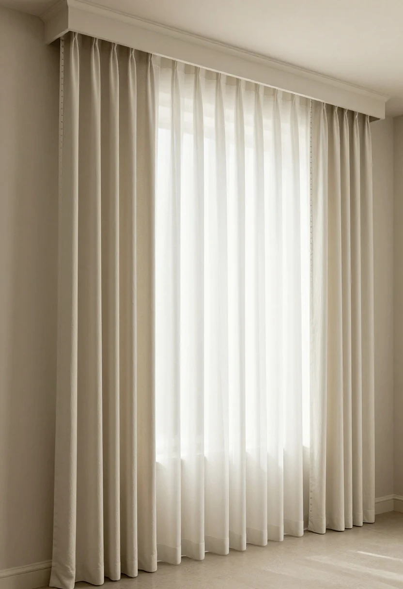 Medium-wide shot illustrating an optical illusion of a taller window: return rods that curve back to the wall so the curtain fabric wraps and forms vertical “columns”; narrow MDF lattice trim strips running from the rod height down to the baseboards on each side, painted the exact wall color (warm greige) to read as elongated casing; a small minimalist cornice conceals part of the hardware for clean sightlines; optional tone-on-tone painted border above the actual top casing to elevate the perceived window height; curtains in soft off-white forming straight vertical lines; daylight with gentle contrast to emphasize architectural feel; photorealistic, no people.