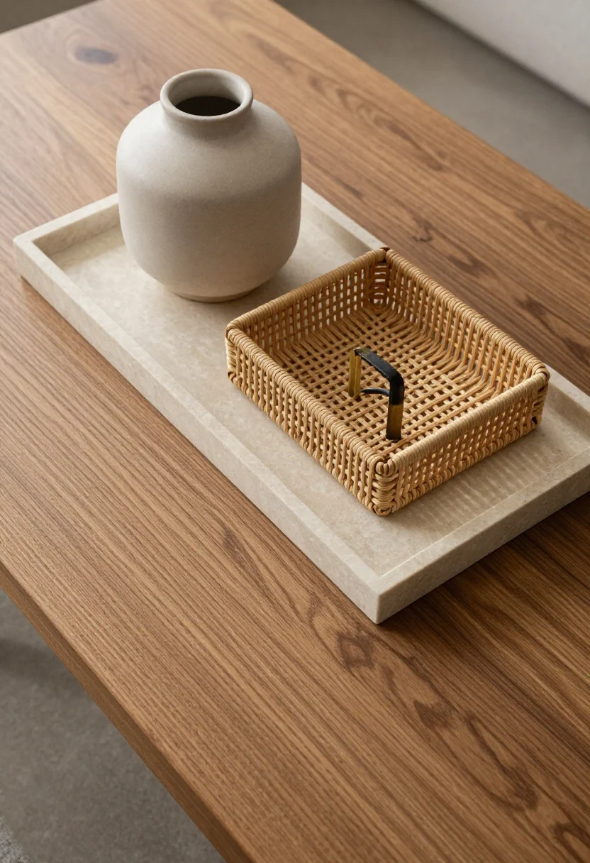 Overhead detail shot of a coffee table vignette building quiet contrast with natural materials: a travertine or marble tray atop a wood-grain (oak or walnut) table, matte handmade ceramic vase, small rattan or seagrass woven tray for storage; hints of brushed brass or blackened steel in a minimal object or hardware; palette calm and grounded—stone creams, wood browns, soft greige; natural midday light grazing surfaces to reveal grain and veining; photorealistic, no people.
