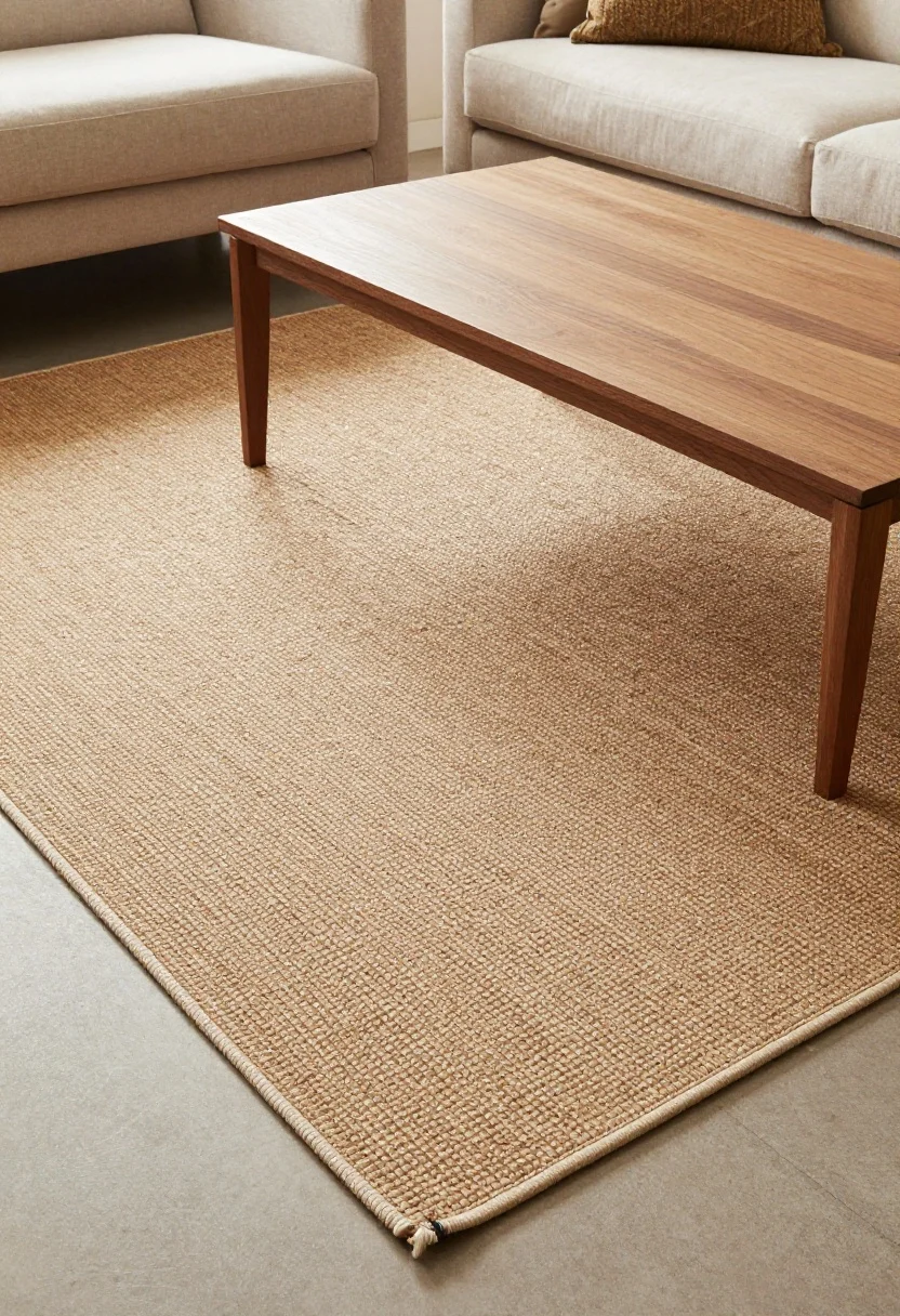 Overhead detail shot, photorealistic: Smart layering with a large neutral jute or sisal base rug spanning the full seating zone, topped by a centered softer patterned rug under the coffee table. The color family is tightly coordinated to avoid high contrast; the top rug is large enough to touch the front sofa legs or at least the coffee table and adjacent chair legs—no floating postage-stamp effect. Visible rug pads subtly indicated at edges for safety. Texture-rich, cohesive palette, natural ambient light.