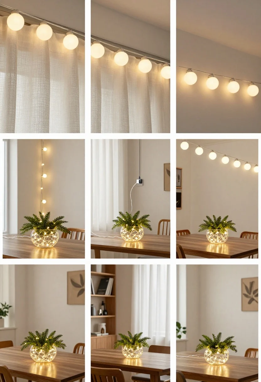 Overhead vignette shot: Elevated string light styling—warm white micro fairy lights woven into a glass bowl centerpiece with faux greenery on a dining table, clean clipped lines of globe lights running neatly along a nearby curtain rod, no sagging. Include a USB-powered strand connected to a discreet smart plug, intentional swoops along a bookcase edge in the background, café-warm ambiance, zero holiday/cool-white tones.