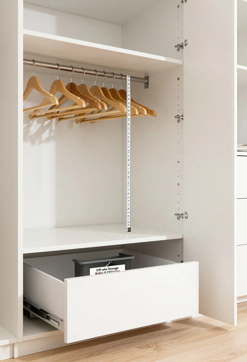 Photorealistic closeup detail of a closet interior showing a tape measure confirming true 24-inch depth, hangers aligned without shoulder dents; vertical storage solutions: ceiling-high wardrobe extension, wall-mounted shelves, over-door rack visible; in the foreground, a platform bed drawer pulled out replacing a dresser; add a labeled storage bin referencing “Off-site Storage $60–$180/mo” crossed out, communicating savings; cool daylight with crisp shadow lines, clean white and light oak finishes