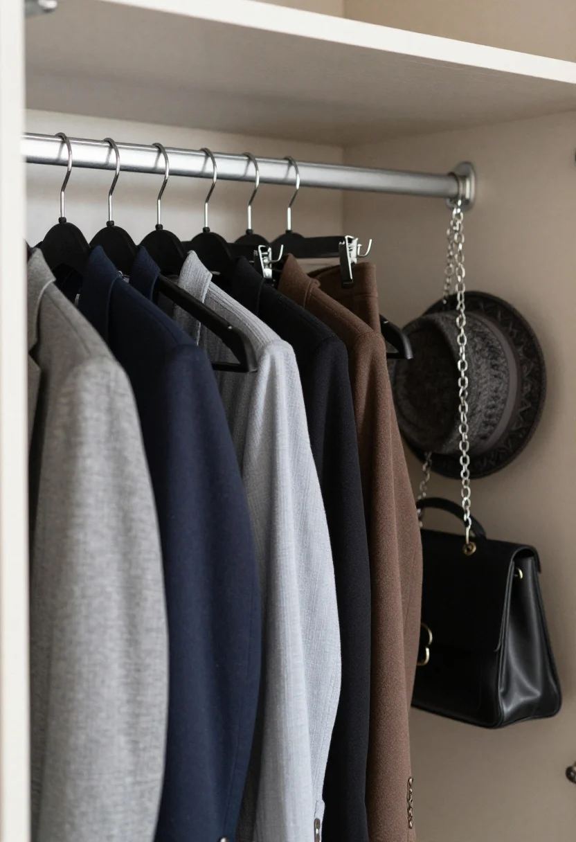 Photorealistic closeup detail of a closet rail showcasing hanger strategy: flocked slim hangers aligned tightly; a cascading hook system stacking 4–6 trousers vertically; a multi-tier hanger with skirts clipped wrinkle-free; an S-hook chain dropping down with handbags and a hat arranged vertically. Micro-zoned sections separated subtly with 1–2 empty hangers at the front for incoming laundry. Focus on materials—velvet texture, metal clips, and chain—against a neutral backdrop. Side angle with shallow depth of field.