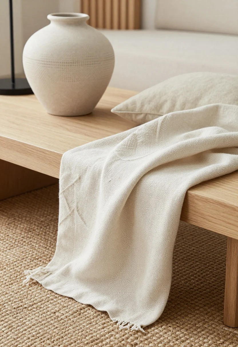 Photorealistic closeup detail shot focusing on textures, not colors: a vignette of linen, wool, and wood layered together on a low surface. Show a flatweave or jute rug under a light wood coffee table edge, a slub-weave linen throw draped over the table corner, a soft wool cushion nearby, and a matte stoneware vase with subtle herringbone or small-scale check pattern accents in neutral tones. Include a hint of black metal lamp base in frame for quiet definition, and a slat-wood element blurred in the background as a single statement texture. Neutral, warm whites and beiges dominate; soft natural side lighting to reveal tactile surfaces.