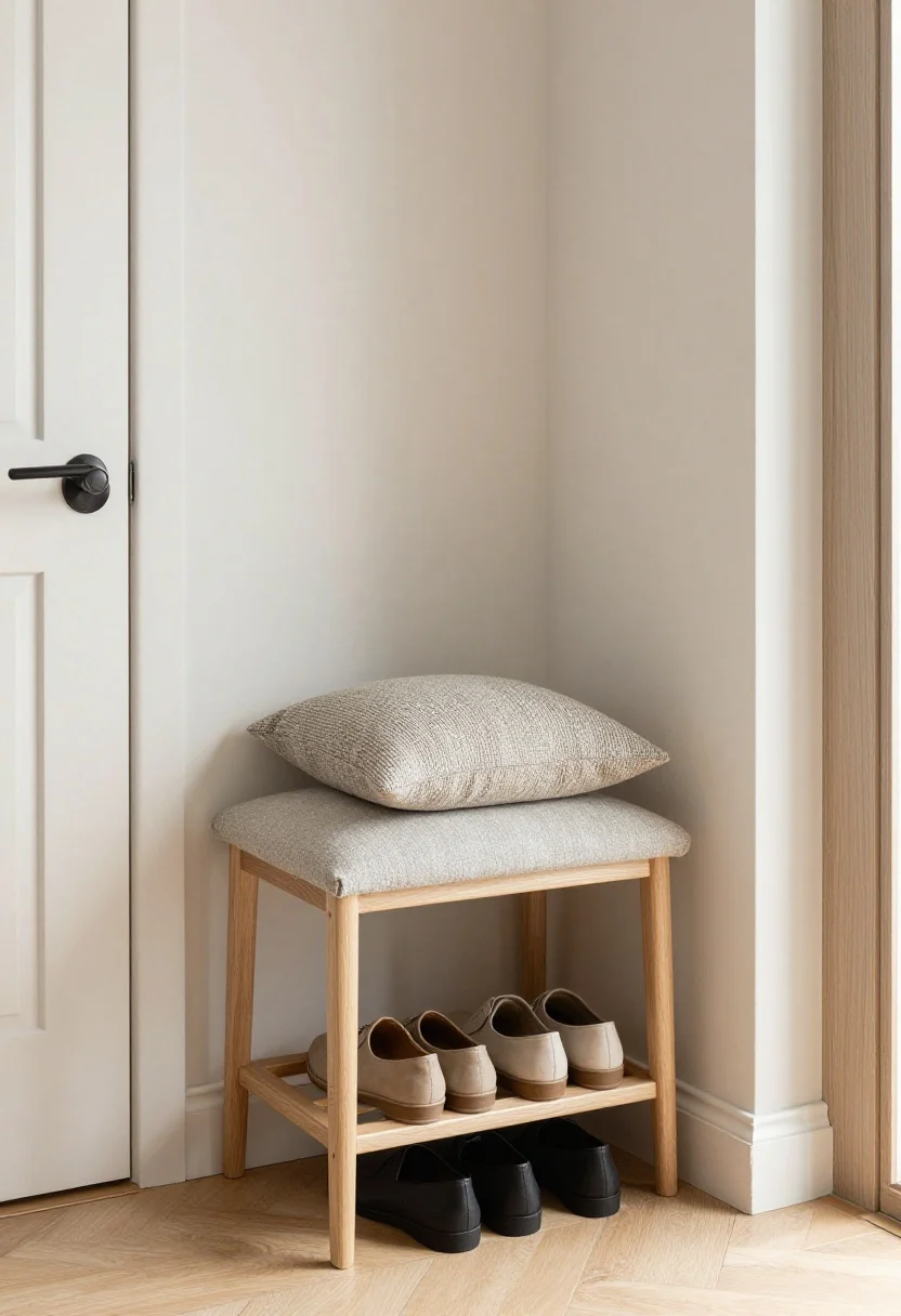 Photorealistic corner-angle medium shot of a micro bench moment in a tight entry: a narrow, 10–12 inch deep slim bench with open-leg design tucked behind the door along a short wall; a single shelf beneath holding exactly 2–3 neatly paired daily shoes, no overflow; an understated textured cushion on top in a tone that matches the wall color; optional low-profile shoe shelf integrated into the bench; airy sightlines, light neutral palette, gentle natural light, no baskets protruding beyond the bench