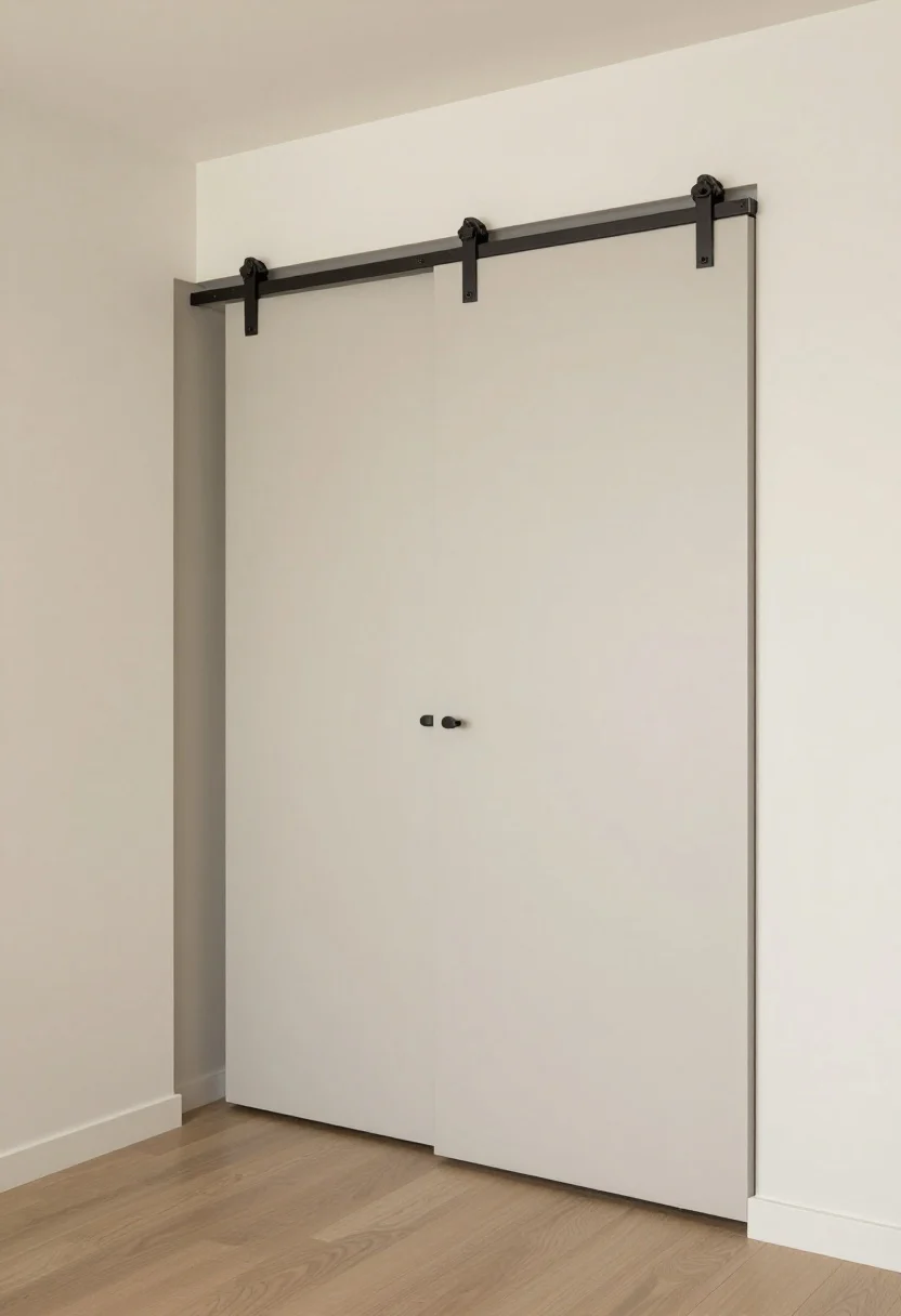 Photorealistic corner-angle wide shot of a laundry alcove concealed by renter-friendly sliding barn-style flat-panel doors on a surface-mounted track; doors painted to match the adjacent wall color for a seamless look, with minimal matte black pulls; a subtle 1-inch gap at the top and small vent grilles for airflow; soft-close hardware implied by tidy alignment; calm, even ambient lighting with no harsh reflections; aesthetic modern, clean, and practical