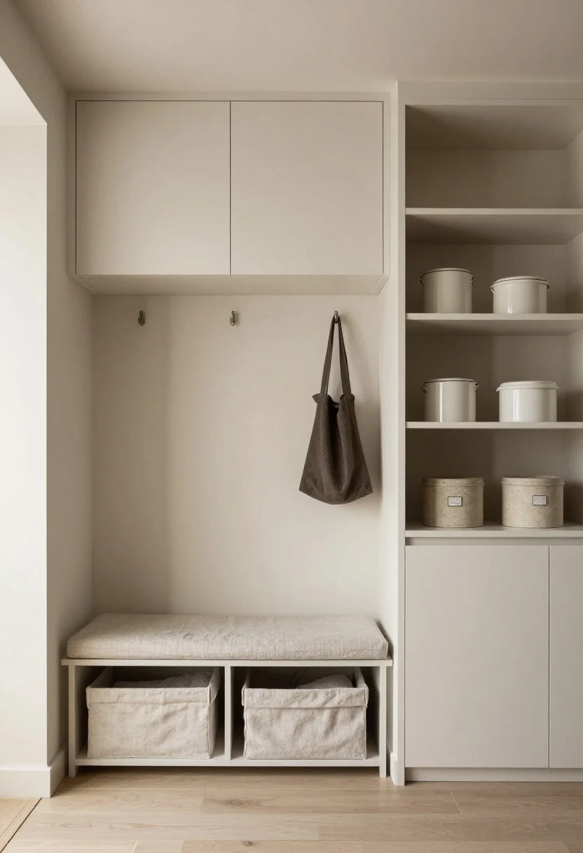 Photorealistic corner medium shot mastering negative space with smart storage: a storage bench under a window doubling as seating (lid slightly ajar to hint at concealed linens), floating wall-mounted cabinets (IKEA Besta style) in warm white showing more floor, and behind-the-door hooks holding a single bag and coat in a minimalist entry nook. Include an adjacent open shelf styled in odd-number groupings with 40% empty space, matching ceramic canisters and linen boxes, and a tall, narrow cabinet tucked into an awkward corner. Neutral palette with warm whites, stone greys, and oat beiges; soft, even daylight that keeps the scene calm and uncluttered.