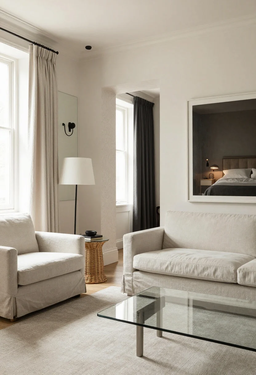 Photorealistic corner medium shot showing two contrasting vignettes split by perspective: on the left, a studio zone with a monochrome warm white/pale greige palette, a bouclé chair, linen sofa, rattan side table, layered lighting (floor lamp, table lamp, plug-in sconce), tall mirror opposite a window, and a glass coffee table reflecting light; on the right, a 1-bedroom vignette with a clean-lined sofa, large 36x48 statement art above, and a glimpse of a bedroom with an upholstered headboard, dimmable lamps, and blackout curtains; include subtle removable wallpaper in an entry niche and long linen curtains just kissing the floor