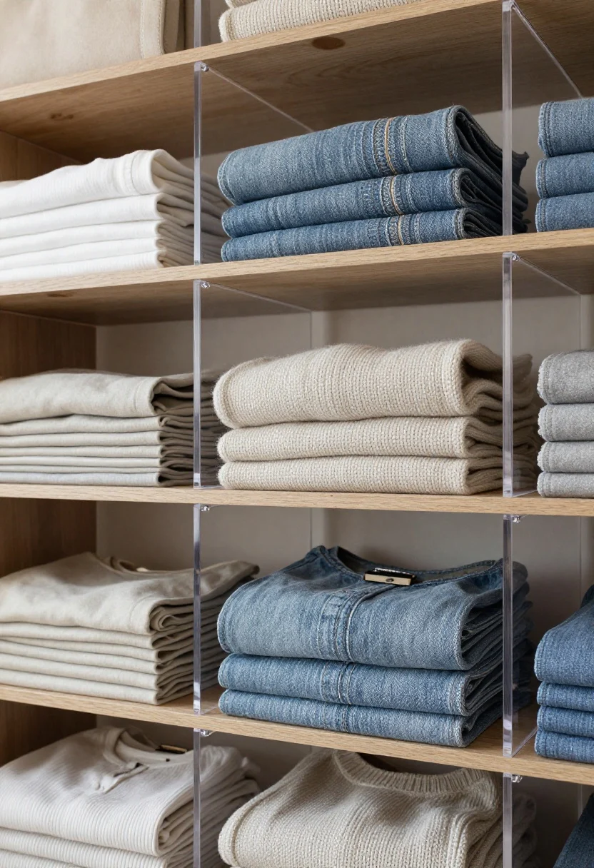 Photorealistic detail closeup of a shelf system with acrylic shelf dividers creating clean lanes for sweaters, jeans, and lounge sets. Shallow breathable fabric bins hold file-folded tees and knits so each item’s edge is visible; adjacent clear acrylic sections stand clutches and wristlets upright like books with small bookends. Focus on textures: soft knit weave, smooth acrylic, and fabric bin grain. Boutique-like, calm mood with diffused light raking across folds. Overhead/three-quarter top-down perspective.
