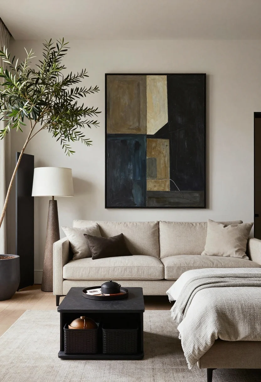 Photorealistic detail/medium shot curated for sightlines from the entry: a striking large art piece above the sofa as focal point, sculptural floor lamp off to the side, storage ottoman doubling as coffee table with lidded baskets inside to hide clutter; bed partially obscured by a tall olive tree plant angled just so and a slim screen edge; bed neatly made with two big euro pillows and a textured throw; surfaces styled with the 3-item rule; balanced daylight, crisp and intentional.