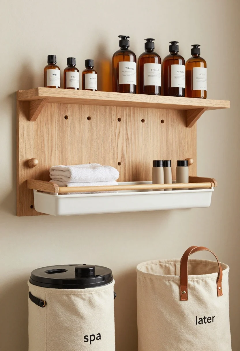 Photorealistic detailed closeup of a vertical “spa” setup: light oak wall-mounted peg rail on a creamy wall, holding a collapsible drying rack and a steamer; beneath, canvas hampers with lidded baskets and one canvas bag with leather handles labeled whites, colors, later; a slim shelf above styled with amber glass detergent bottles labeled in a minimalist font; textures of oak grain, canvas weave, and leather handles crisp under soft diffused light; mood Scandi spa minimalism
