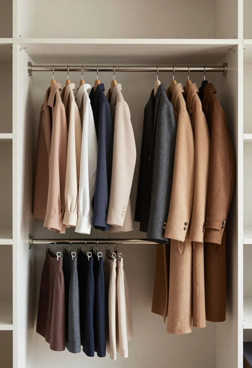Photorealistic medium shot inside a small apartment closet showing the two-tier rod trick: a top rod with color-coded blouses and jackets arranged light-to-dark on slim velvet hangers, and a lower tension rod holding skirts and pants folded over felt hangers, with a few shorter knits. Long coats are grouped to one far side to avoid pooling. Include a couple of hanging rod extenders hooked from the top bar. Neutral palette with soft, even closet lighting; focus on the vertical use of space and the clean tonal gradient across hangers. Straight-on perspective.