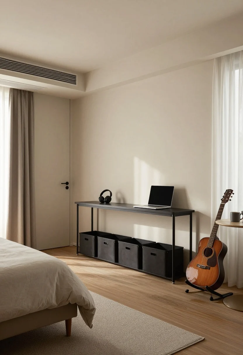 Photorealistic medium shot of a 1-bedroom living room viewed toward a closed bedroom door, with a slim console along the entry wall holding closed storage bins, a laptop and headphones neatly stowed to suggest WFH boundaries; a quiet, calm mood indicating better sleep separation from TV area; neutral colors, soft afternoon light through sheer curtains; a small side table with two mugs hints low-key hosting; include a guitar on a stand tucked neatly to show hobby gear managed by the extra room