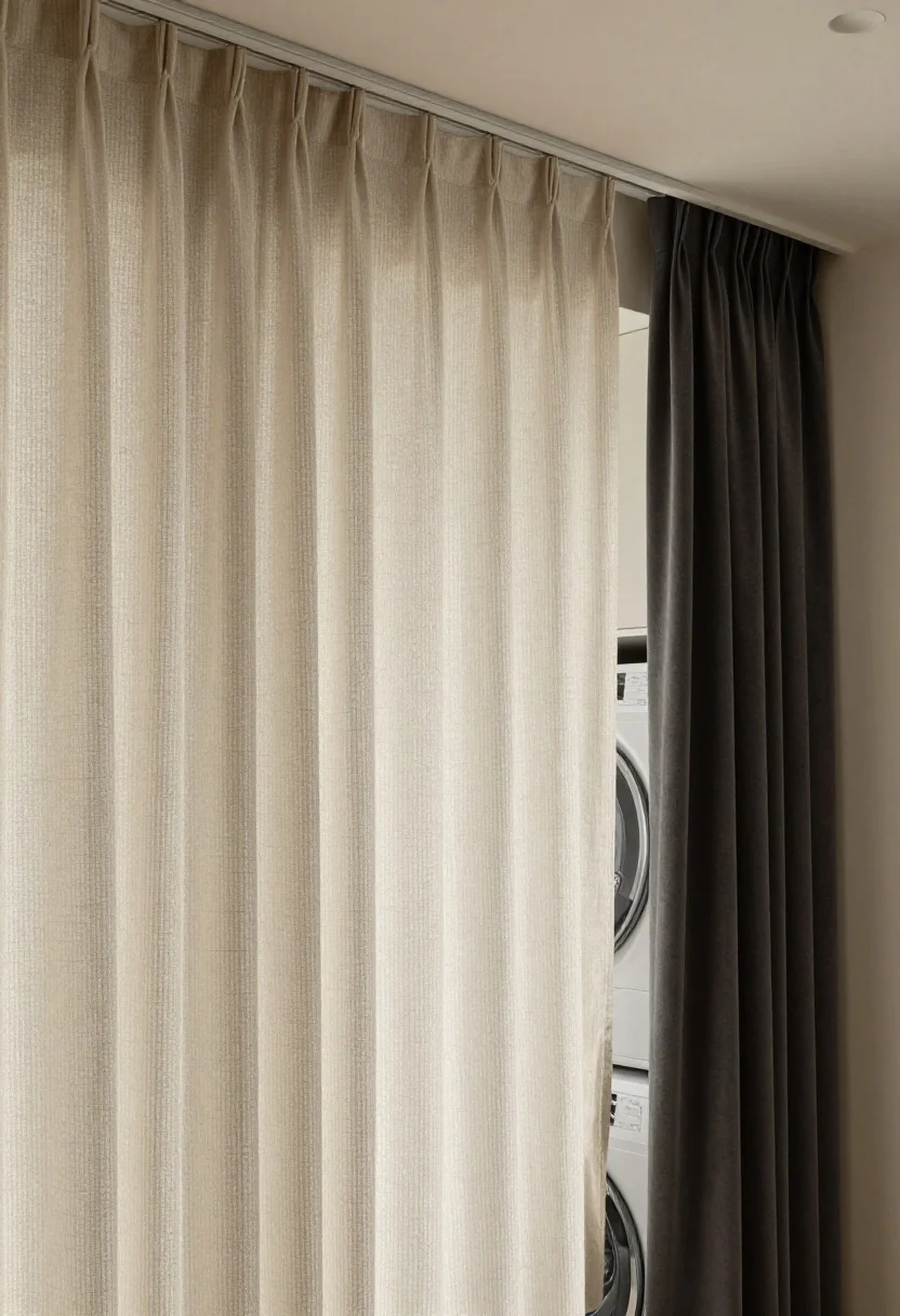 Photorealistic medium shot of a compact apartment laundry nook hidden by a ceiling-mounted floor-to-ceiling curtain, fabric options showcased as neutral linen with subtle ticking stripe pattern and an alternate panel in deep charcoal velvet; clean, minimal ceiling track hardware visible; soft natural light grazing the curtain’s weave, with a hint of washer/dryer silhouette behind for subtle depth; pared-back palette of warm neutrals and charcoal; mood soft, tailored, and renter-friendly with washable textiles