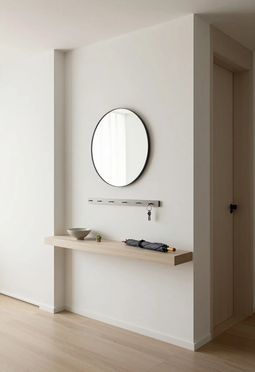 Photorealistic medium shot of a minimalist apartment entry with a slim floating ledge (4–6 inches deep) mounted at hip height on white walls, a small circular mini mirror centered just above, and a magnetic hook strip hidden under the ledge holding a single key ring and a compact umbrella; on the ledge, only a petite ceramic catchall bowl and one small plant or sculptural object; narrow hallway, crisp natural daylight from the side, clean lines, shallow depth shelf that doesn’t protrude, no clutter, calm neutral palette with light oak or white shelf finish and tonal accessories