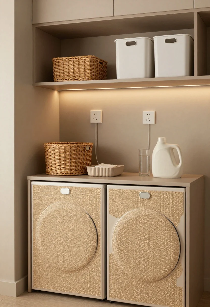 Photorealistic medium shot of a monochrome laundry corner where wall, shelves, and appliance side panels are painted the same warm taupe; a custom plywood sleeve over the machines sealed to a satin sheen forming a tidy work surface; layered textures: woven jute-style runner, rattan baskets, and a ribbed tray corralling dryer sheets; plug-in sconce and under-shelf LED strip providing warm task lighting; cords hidden with adhesive raceways; neatly labeled stackable bins and decanted detergent in matte ceramic and glass; mood cohesive, intentional, and designer-led