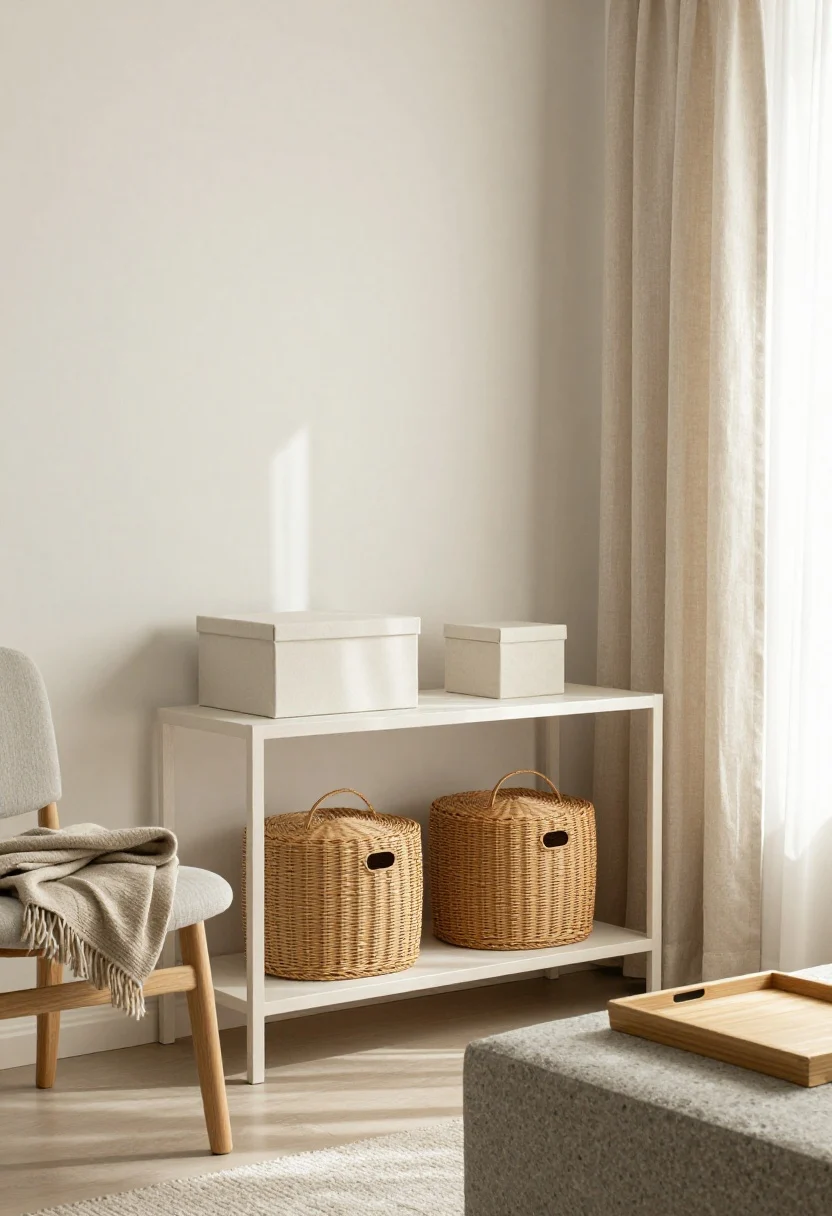 Photorealistic medium shot of a small Japandi living room corner after a clean-out: warm white walls, a tight palette of warm whites, stone greys, and oat beiges with a whisper of black accents. Show closed rattan and bamboo lidded baskets neatly under a slim console, a canvas lidded box on a low shelf, linen curtains filtering soft daylight, a wool throw folded on a light wood chair, and a bamboo tray on a stone-grey ottoman. Keep the scene calm and uncluttered, emphasizing quiet harmony and negative space; soft natural lighting with gentle shadows.