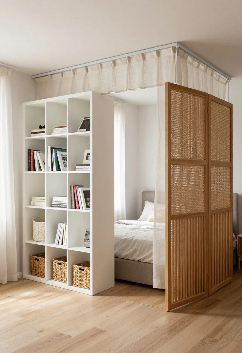 Photorealistic medium shot of a studio apartment corner showing smart room dividers forming a “bedroom” zone: open KALLAX-style white open shelving styled on both sides with books and baskets, a warm wood slatted screen beside it, and ceiling-mounted linen track curtains partially drawn; divider heights at roughly two-thirds of the ceiling to keep light airy; upholstered headboard glimpsed behind the curtain; natural daylight filtering through, light wood floors, neutral palette with rattan folding screen texture visible; camera at a slight corner angle to show both “sleep” and “living” zones, no people.